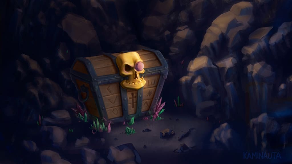 Pirate treasure chest in a cave illustration